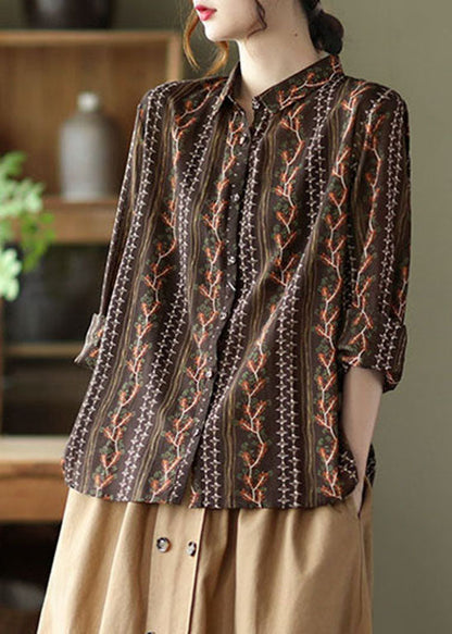 Stylish Chocolate Button Peter Pan Collar Print Shirts Spring