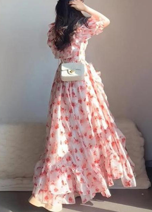 Pink Ruffled Print Chiffon Long Dresses Short Sleeve