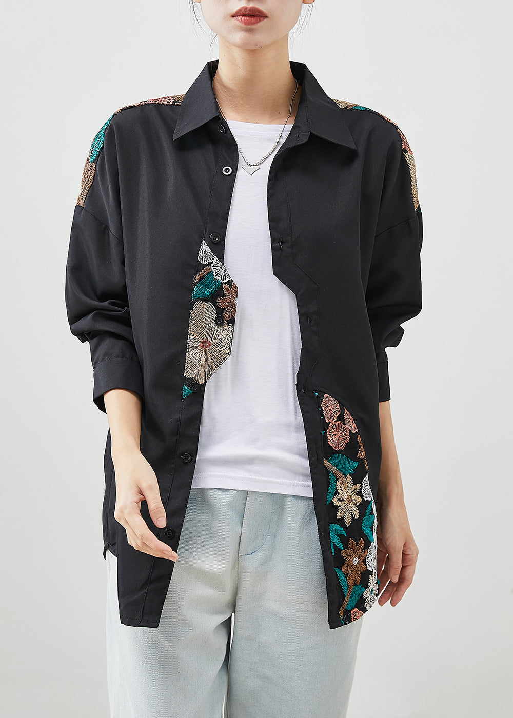 Black Embroideried Patchwork Cotton Shirt Top Fall