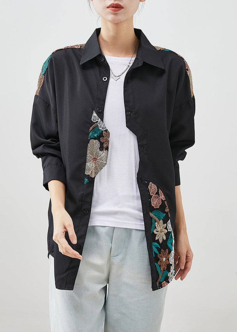 Black Embroideried Patchwork Cotton Shirt Top Fall