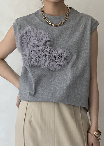 Grey Decorated Cotton Tank Tops Sleeveless