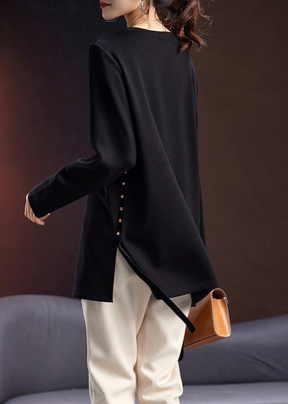 Simple Black Zircon Side Open Cotton T Shirt Spring