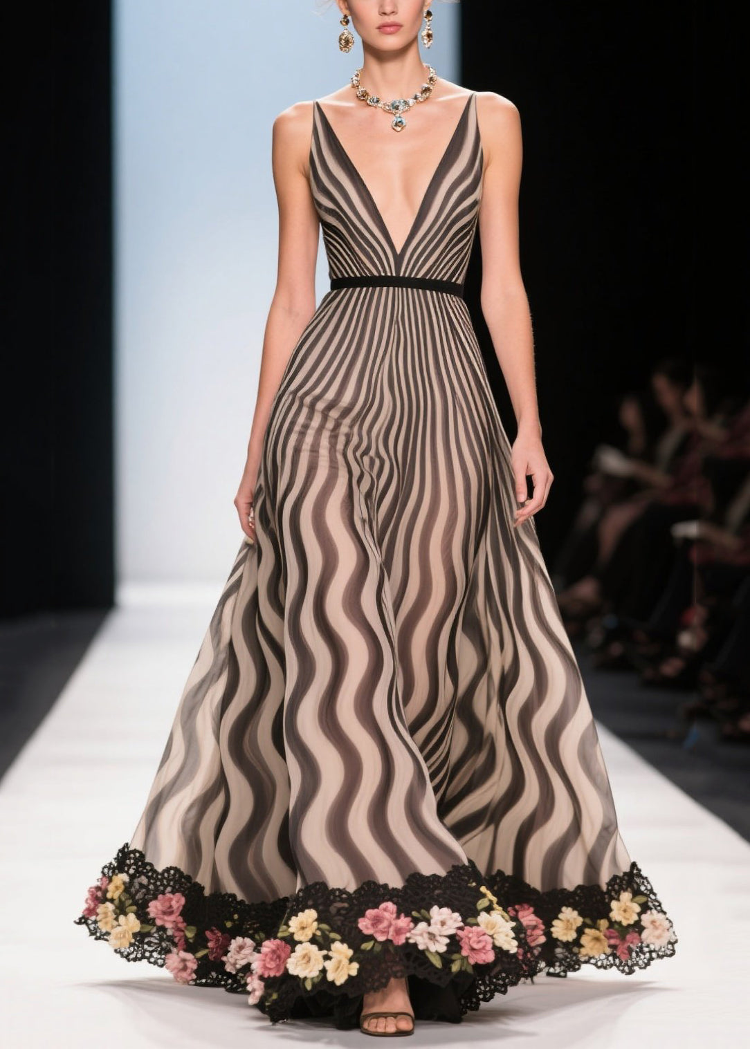 Khaki Striped Patchwork Flower Chiffon Party Dress Summer