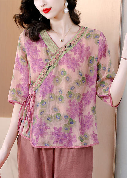 Green V Neck Print Lace Up Linen Tops Half Sleeve