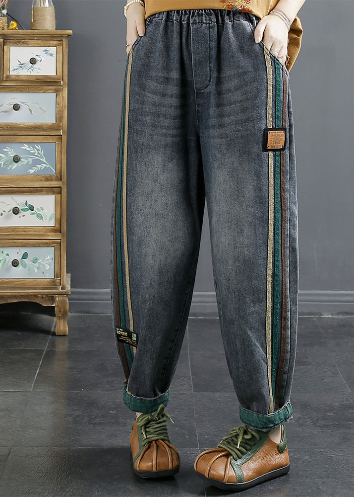 Blue Pockets Patchwork Denim Pants Fall
