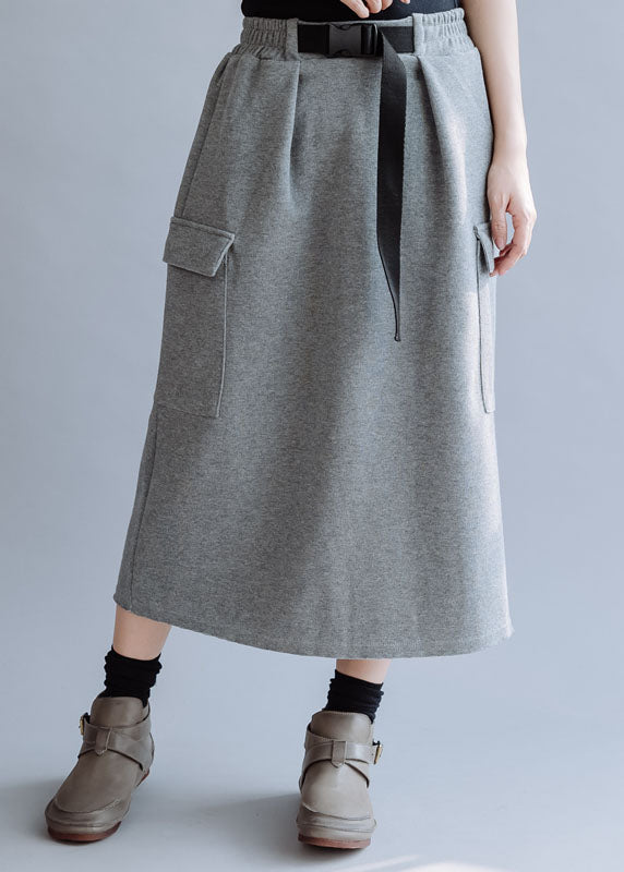 Modern Grey Elastic Waist Pockets Cotton Skirt Fall