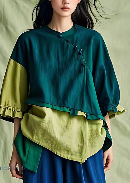 Loose Colorblock O-neck Patchwork Button Top Half Sleeve