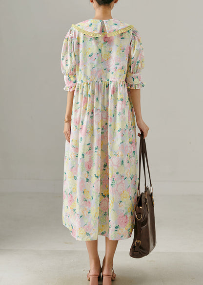 Modern Pink Ruffle Print Holiday Cotton Dress Puff Sleeve Summer