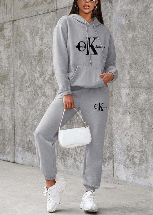 Pink Hooded Graphic Cotton Two-piece Set Spring