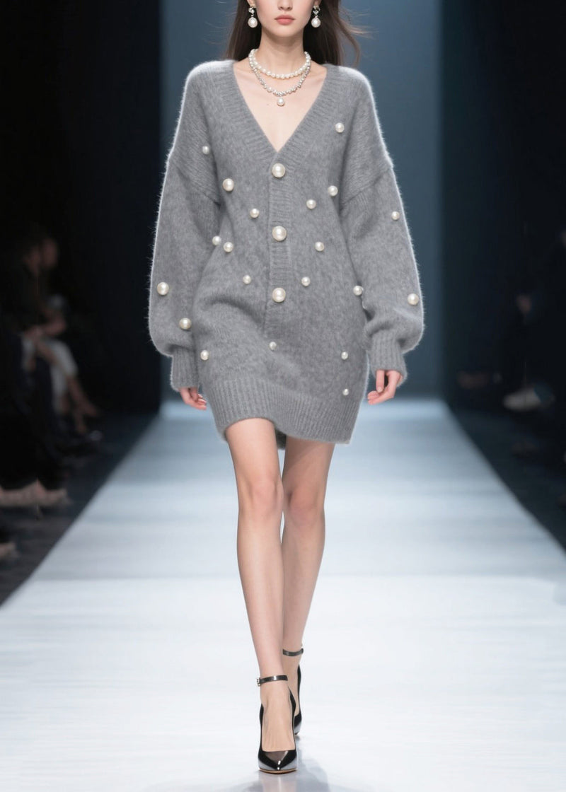 Cozy Grey V Neck Fine Pearls Thick Knit Dress Winter