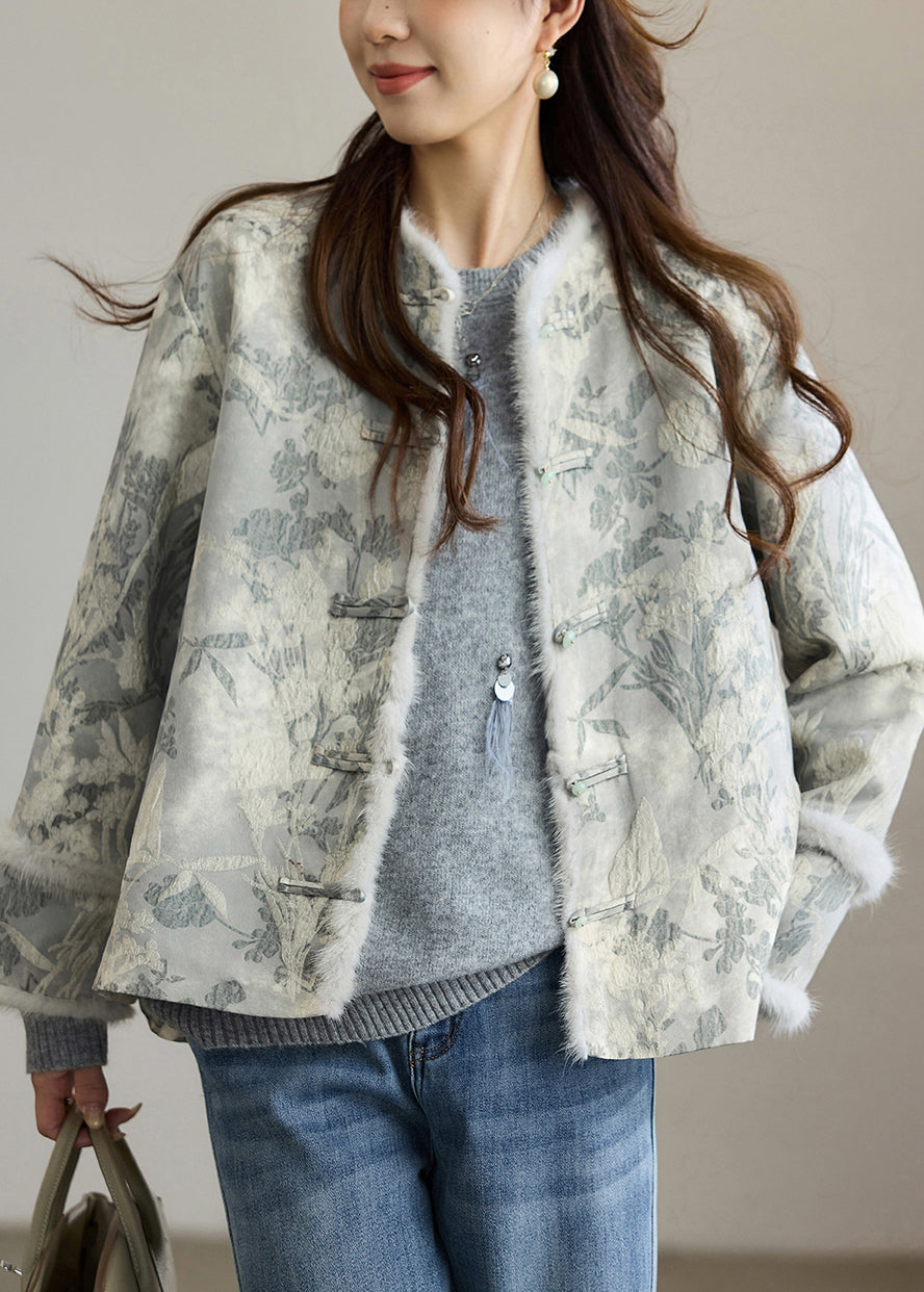 Dark Grey Jacquard Patchwork Faux Fur Cotton Oriental Coats Winter