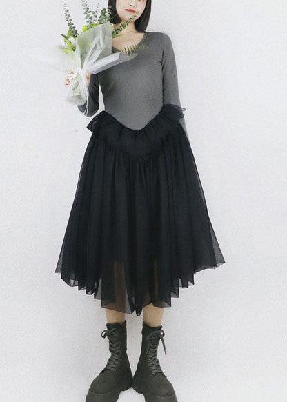 Green V Neck Patchwork Tulle Exra Large Hem Cotton Long Dress Long Sleeve