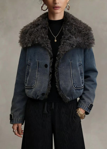 Stylish Blue Teddy Faux Fur Patchwork Fine Cotton Filled Jacket Winter