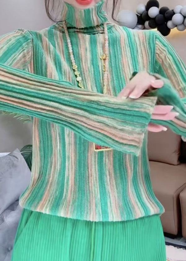 Green Hign Neck Striped Knit Blouse Tops Spring