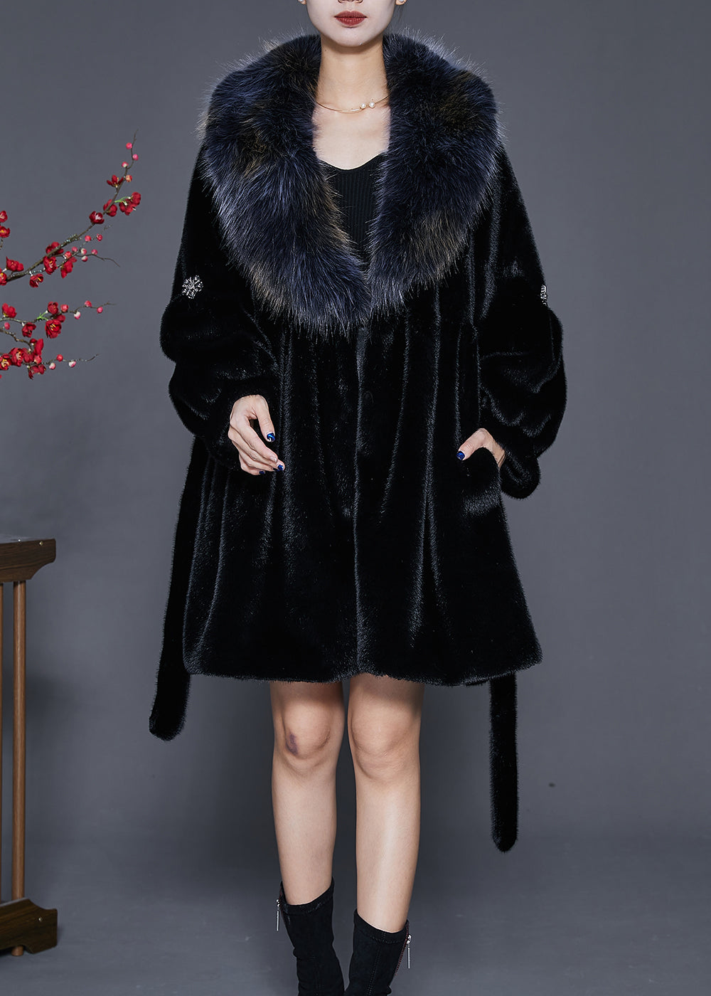Black Thick Faux Leather and Fur Coat Outwear Oversized Winter