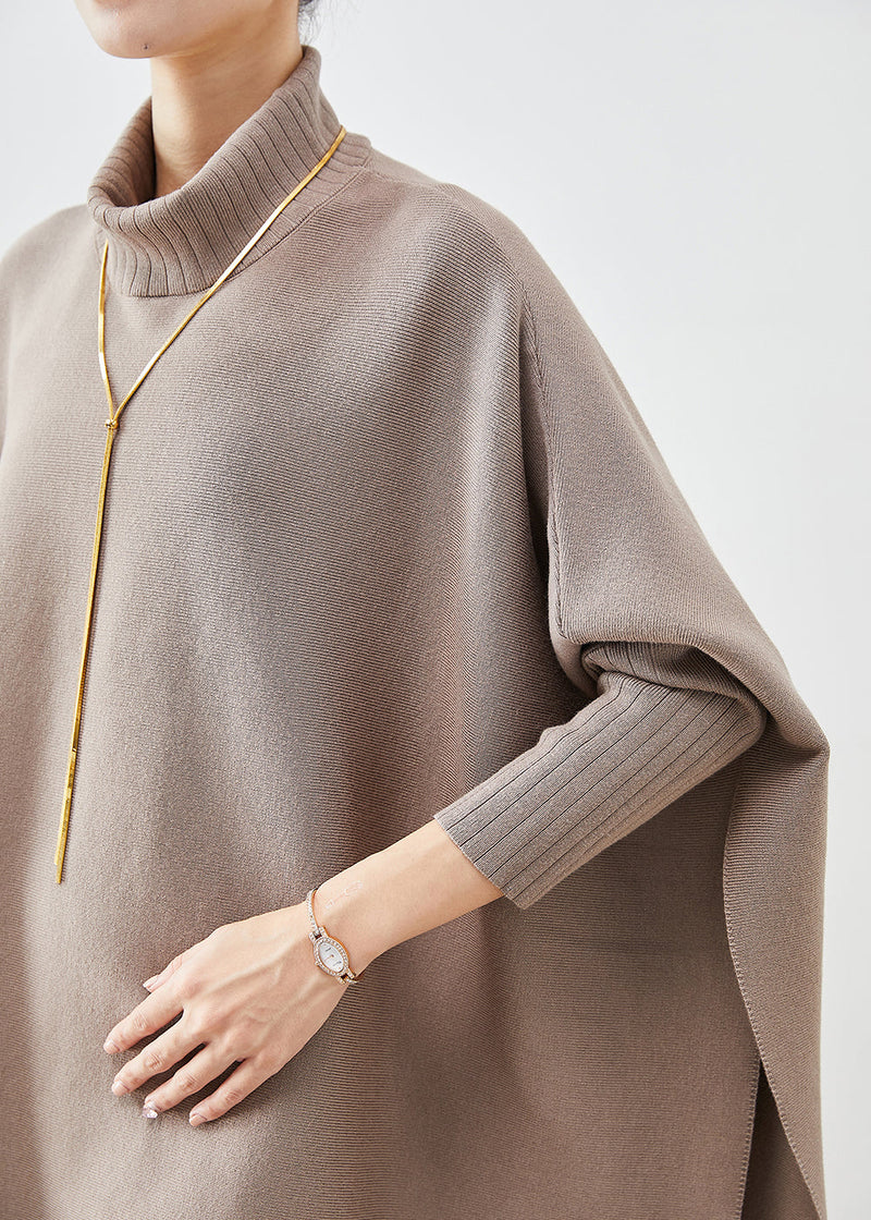 Khaki High Neck Patchwork Side Open Cotton Tops Batwing Sleeve