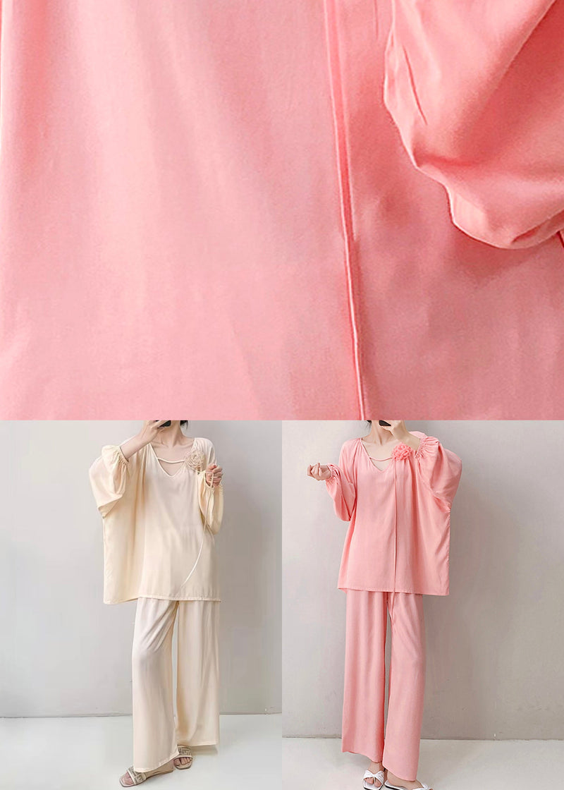 Loose Pink V Neck Cotton Pajamas Two Piece Set Fall