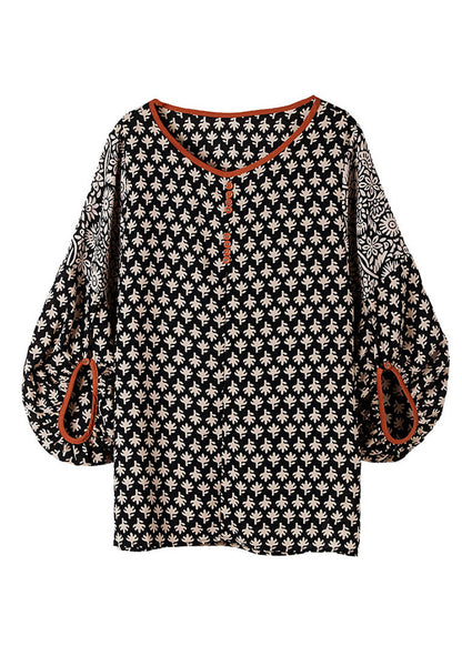 Black O-neck Print Chiffon Shirt Half Sleeve