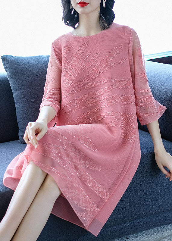 Pink O-neck Embroideried Tulle Maxi Dresses Fall