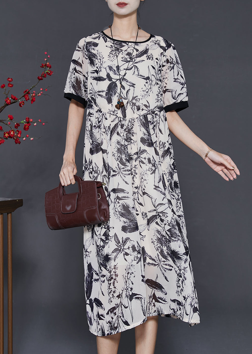 White Print Chiffon Party Dress Summer