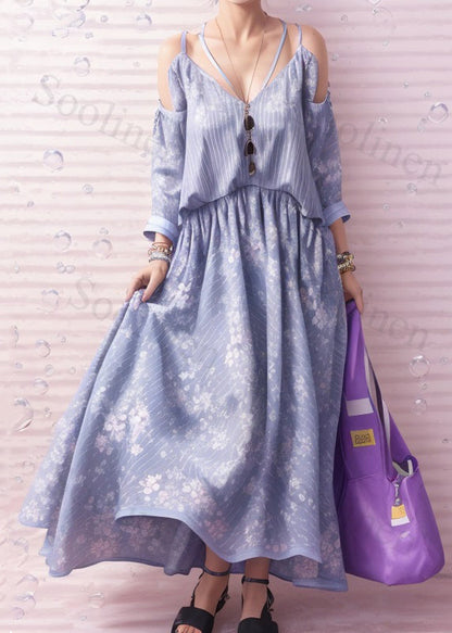 Italian Light Blue Cold Shoulder Print Silk Long Dresses Summer