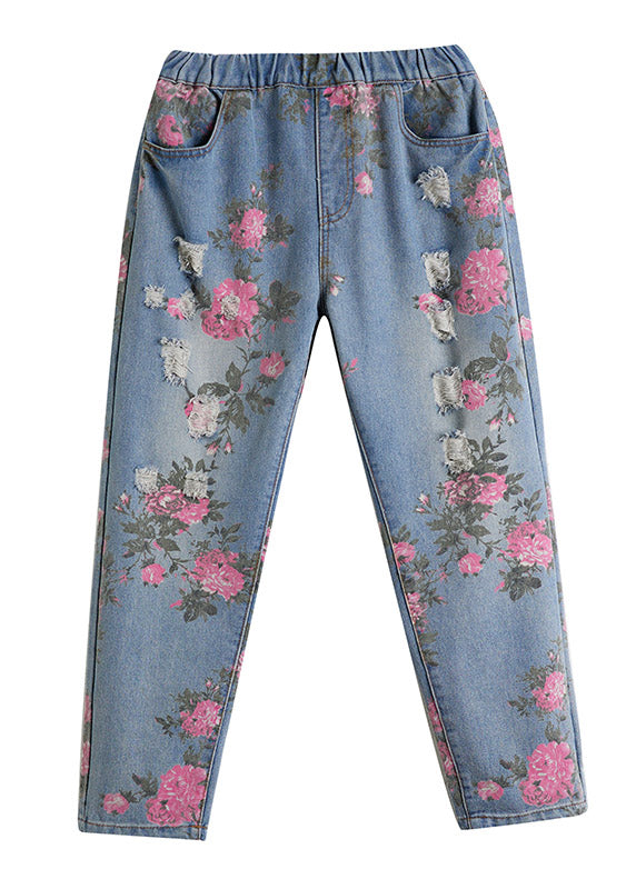 Blue Print High Waist Denim Harem Pants