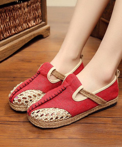 Red Flat Feet Shoes Linen Fabric Hollow Out Flats
