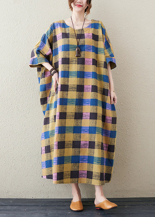 Yellow Plaid O-neck Long Dress Summer