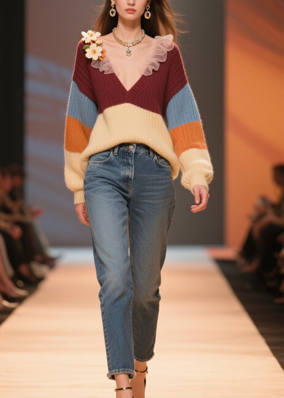 Colorblock V Neck Knit Short Sweater Winter