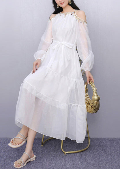 White Sequins Cold Shoulder Holiday Dress Summer