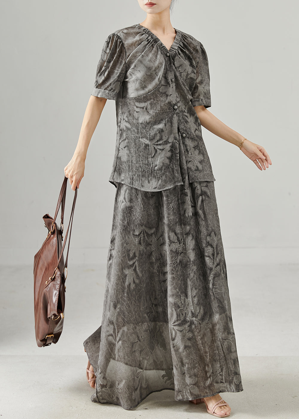 Grey Print Wrinkled Chiffon Two Pieces Set Summer