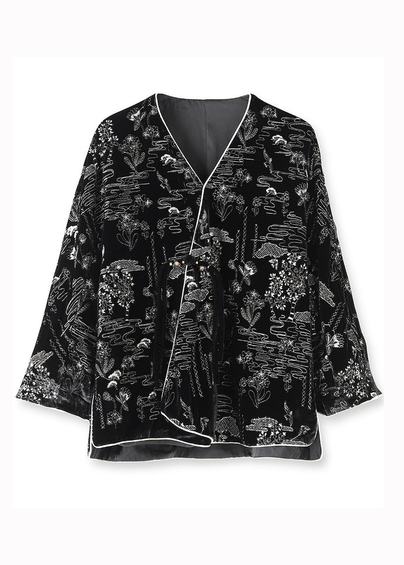 Black V Neck Jacquard Patchwork Silk Velour Coats Fall