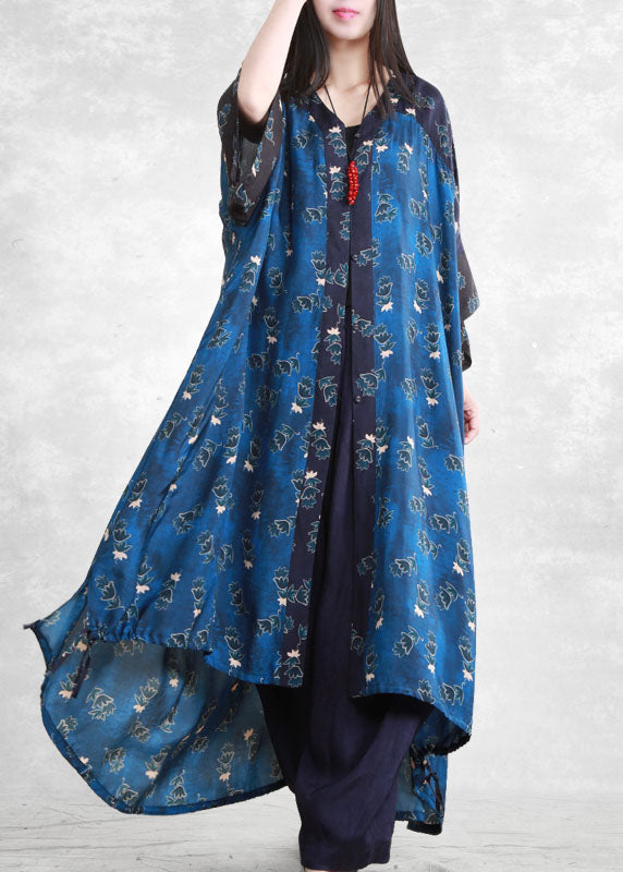 Blue Low High Design Pockets Patchwork Long Shirt and Pants Two Pieces Set Spring