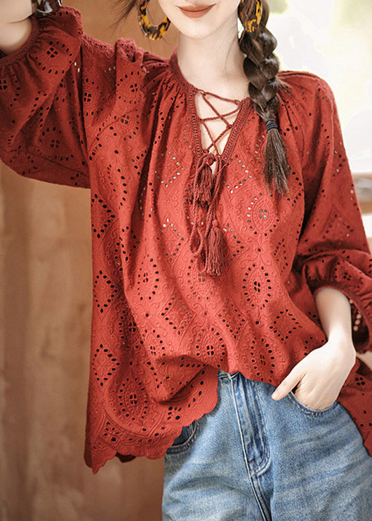Red Hollow Out Lace Up Cotton Shirt Bracelet Sleeve