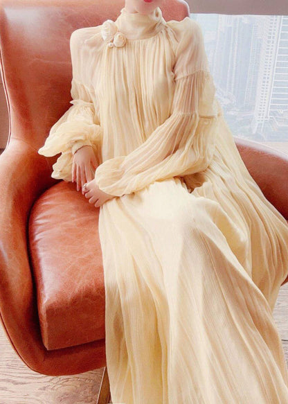 Yellow Wrinkled Patchwork Chiffon Long Dress Lantern Sleeve