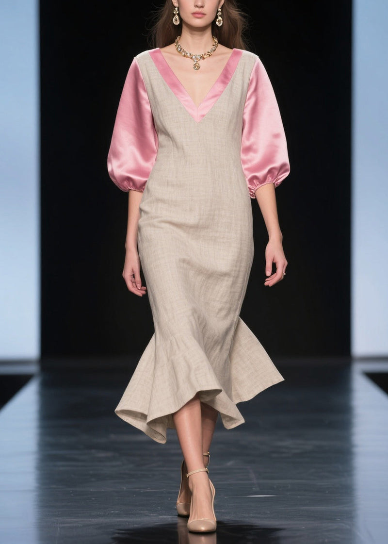 Beige Puff Sleeve Patchwork Linen Silk Maxi Dress Summer