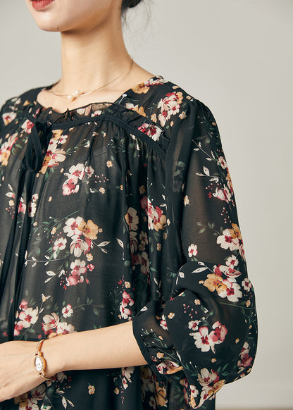 Black Oversized Print Chiffon Shirt Summer