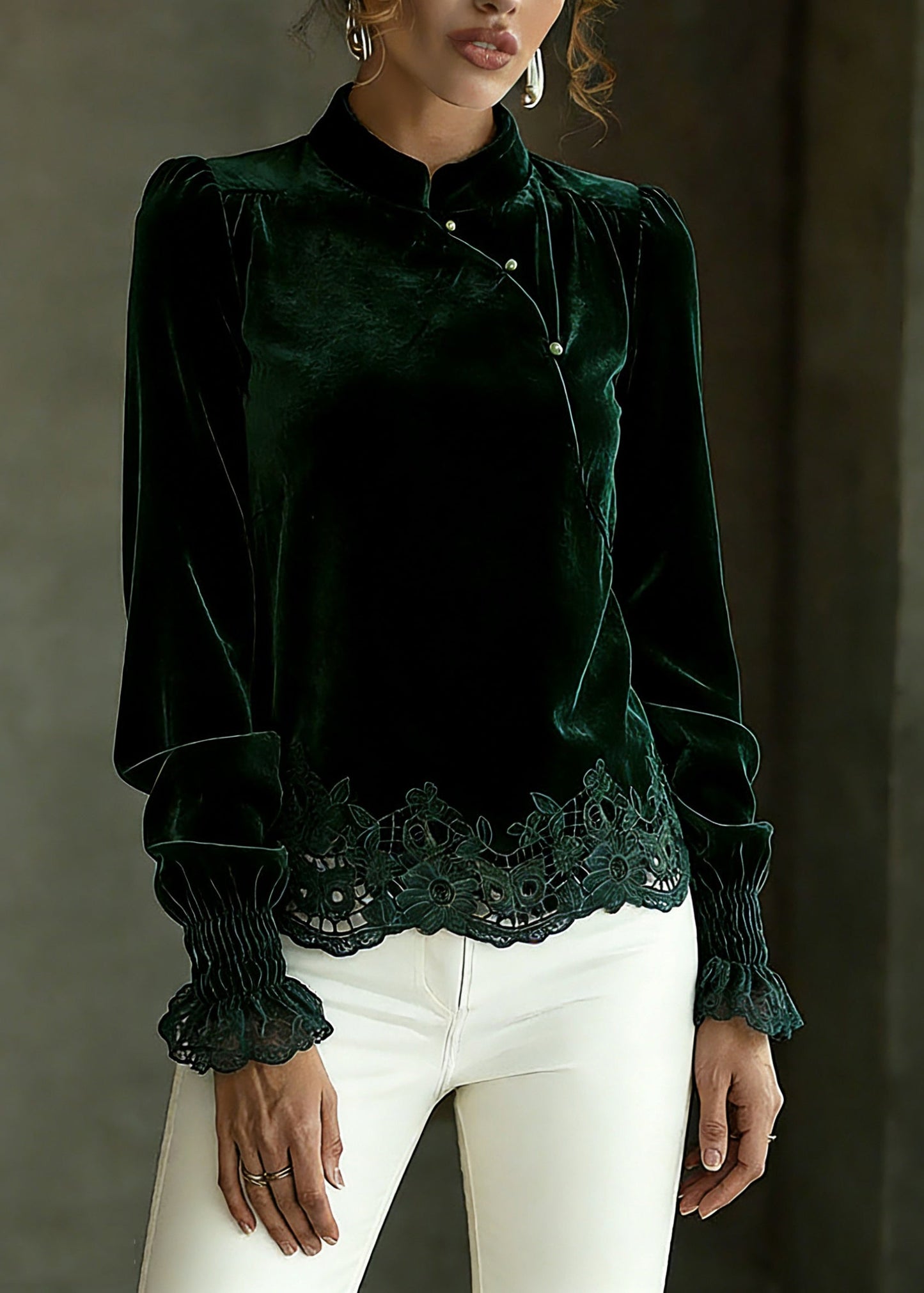 Blackish Green Hollow Out Shirts Lantern Sleeve