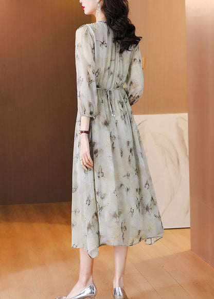 V Neck Print Lace Up Chiffon Long Dress Lantern Sleeve