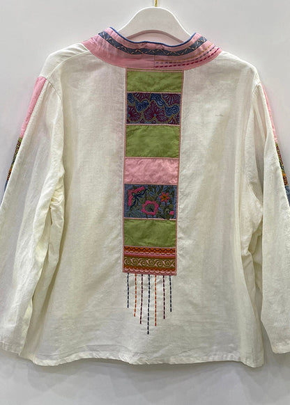 Art White V Neck Embroideried Button Linen Top Long Sleeve