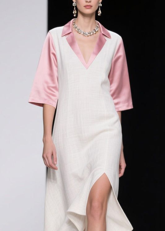 Colorblock Asymmetrical Patchwork Linen Silk Dresses Summer