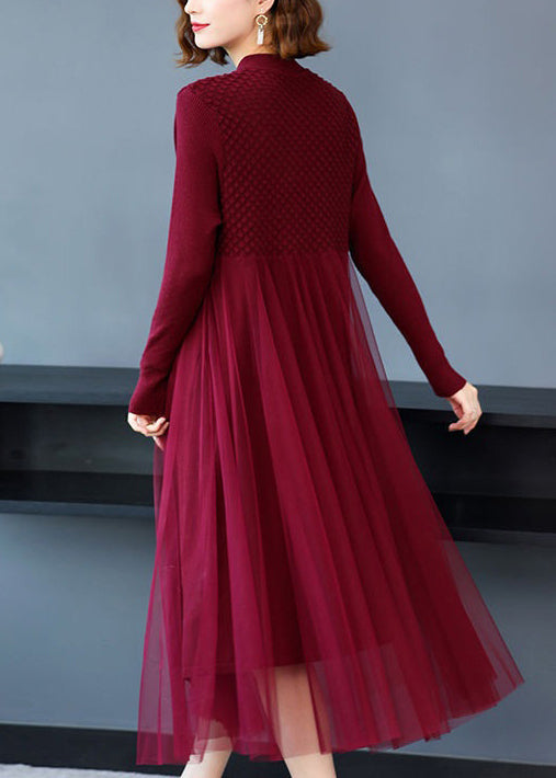 Wine Red Wrinkled Patchwork Knit Sweater Dress Long Sleeve