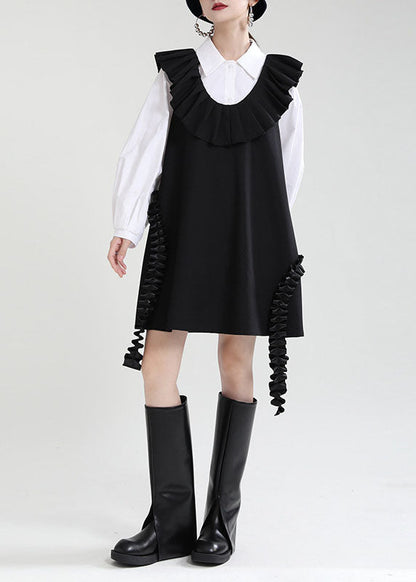 Black U Neck Patchwork Ruffles Fall Dress Sleeveless