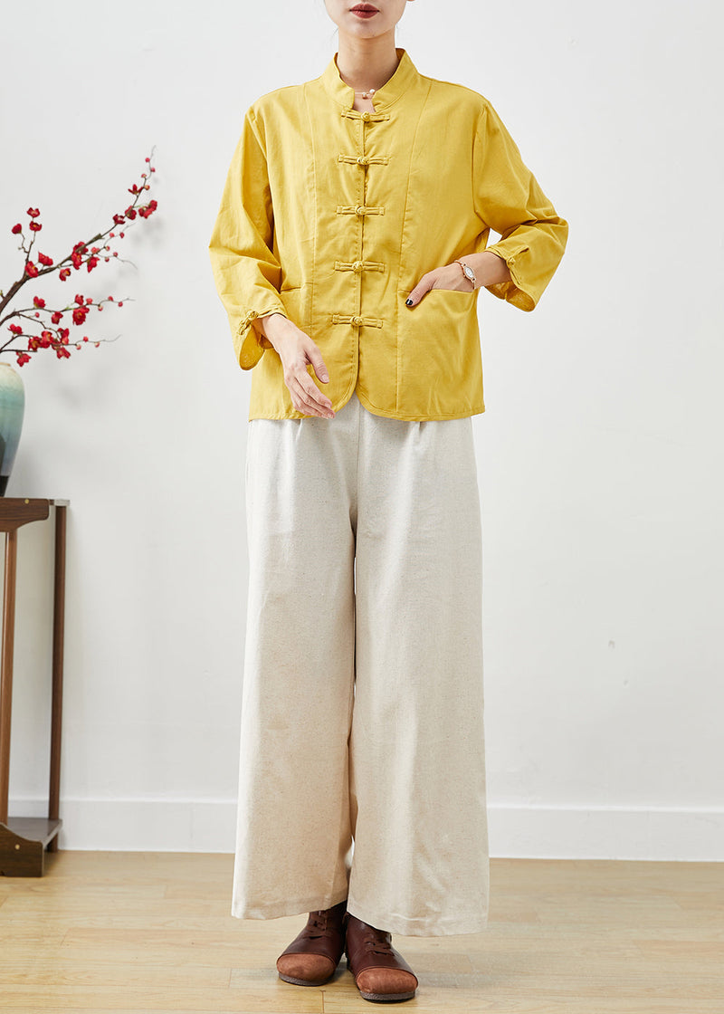 Yellow Stand Collar Chinese Button Cotton Two Pieces Set Fall