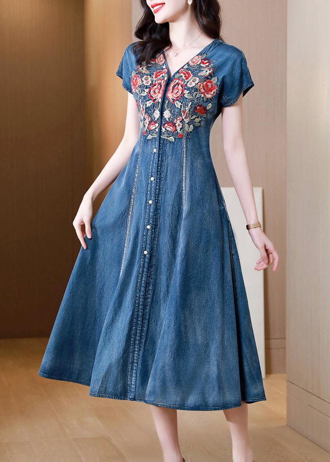 New Blue V Neck Embroideried Patchwork Denim Dress Summer