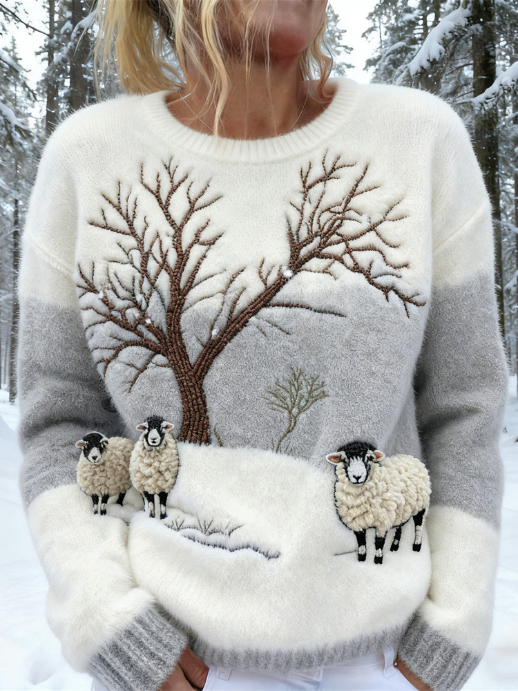 Cotton Sweater with Winter Sheep and Bare Tree Scene