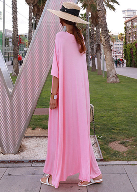 Loose Pink O-neck Cotton Long Dress Short Sleeve