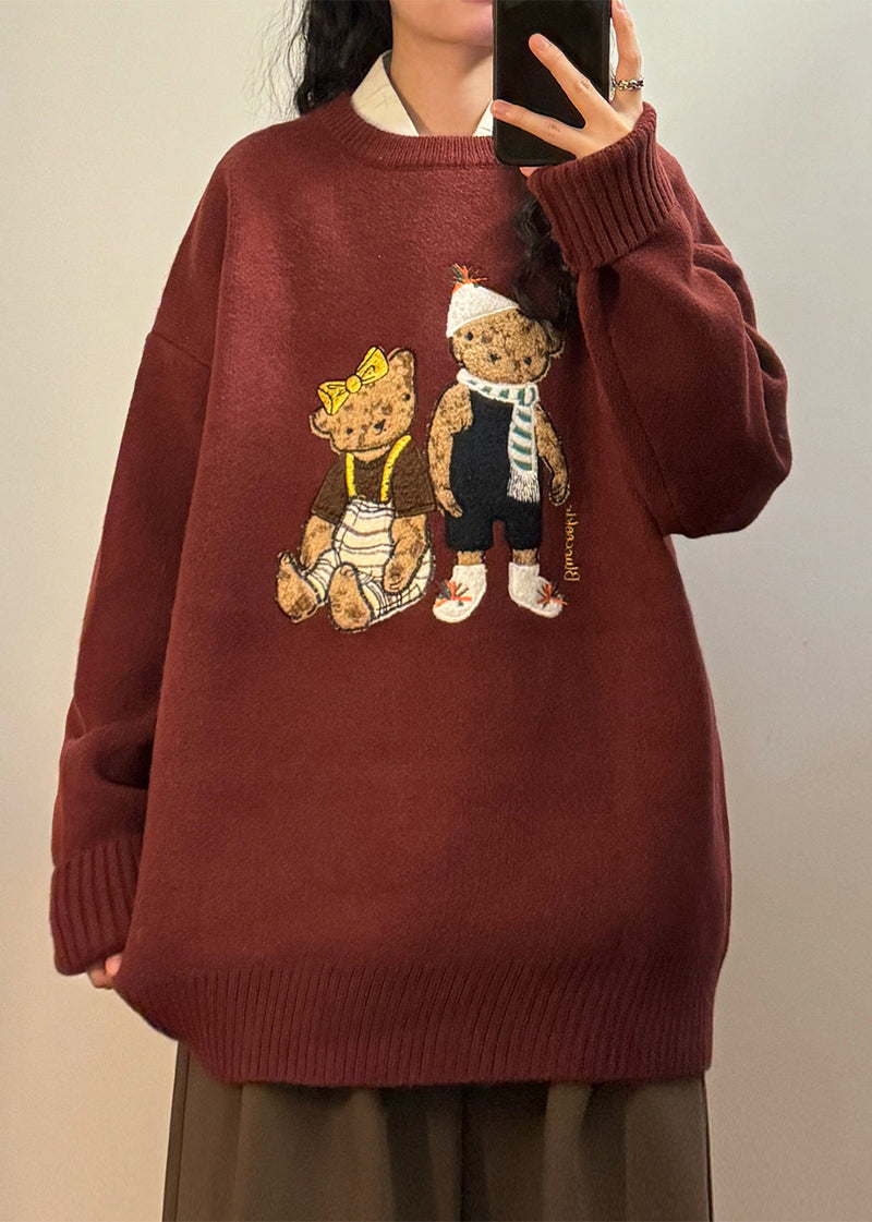 Red Little Bear Cozy Knit Sweaters Tops O Neck Spring
