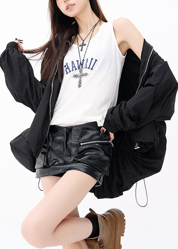 Black Ruffled Zip Up Drawstring Jacket Fall