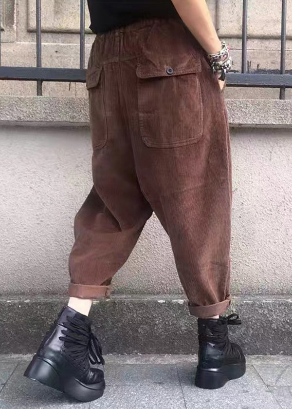 Versatile Black Pockets Elastic Waist Corduroy Pants Fall